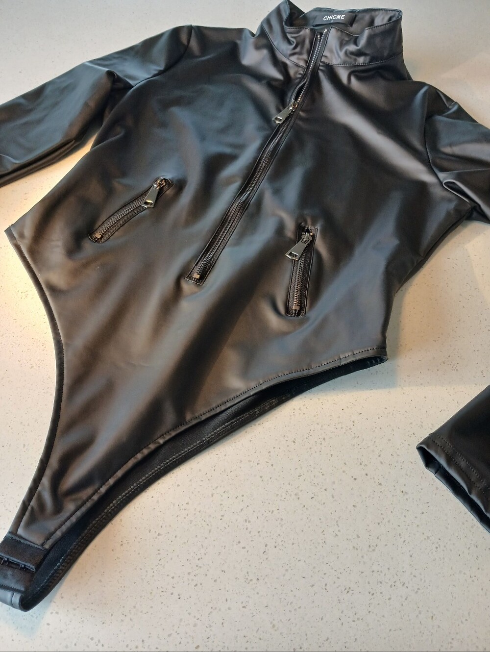 Rubbery Black Faux Leather Long Sleeve Bodysuit